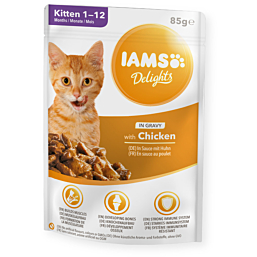 Полноценный корм (консервы) IAMS Delights для котят и молодых кошек, сочная свежая курица в соусе 85 г