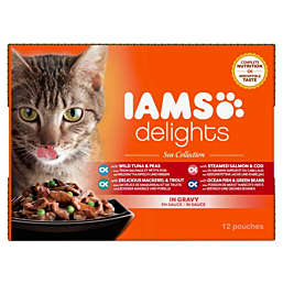 Полноценный корм (консервы) IAMS Delights для взрослых, различные виды рыбы в соусе 1,02 кг