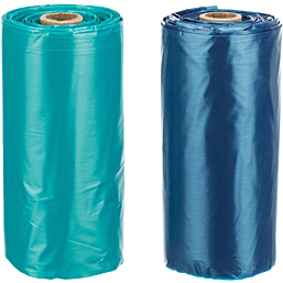 Dog poop bags with handles, 8 rolls of 15 bags, sorted