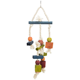 Toy for parrots Wooden toy with leather and rope, 24 cm