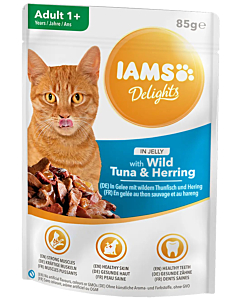 Полноценный корм (консервы) IAMS Delights для взрослых с тунцом и сельдю в желе 85 г