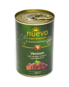 Täissööt (konserv) NUEVO täiskasvanud koertele - Hirveliha nuudlitega, pohlaga ja saflooriõliga 400g